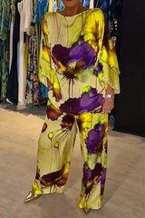 2 Piece Women's Printed Satin Pant Set - Round Neck 3/4 Sleeve Summer Outfit
