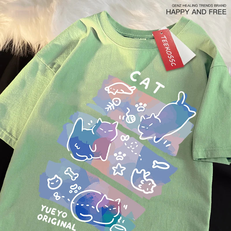 Fun-Mischievous-Cat-Print-Japanese-Style-T-Shirts-Men-Women-Fashion-Tshirs-Breathable-Summer-T-Shirts