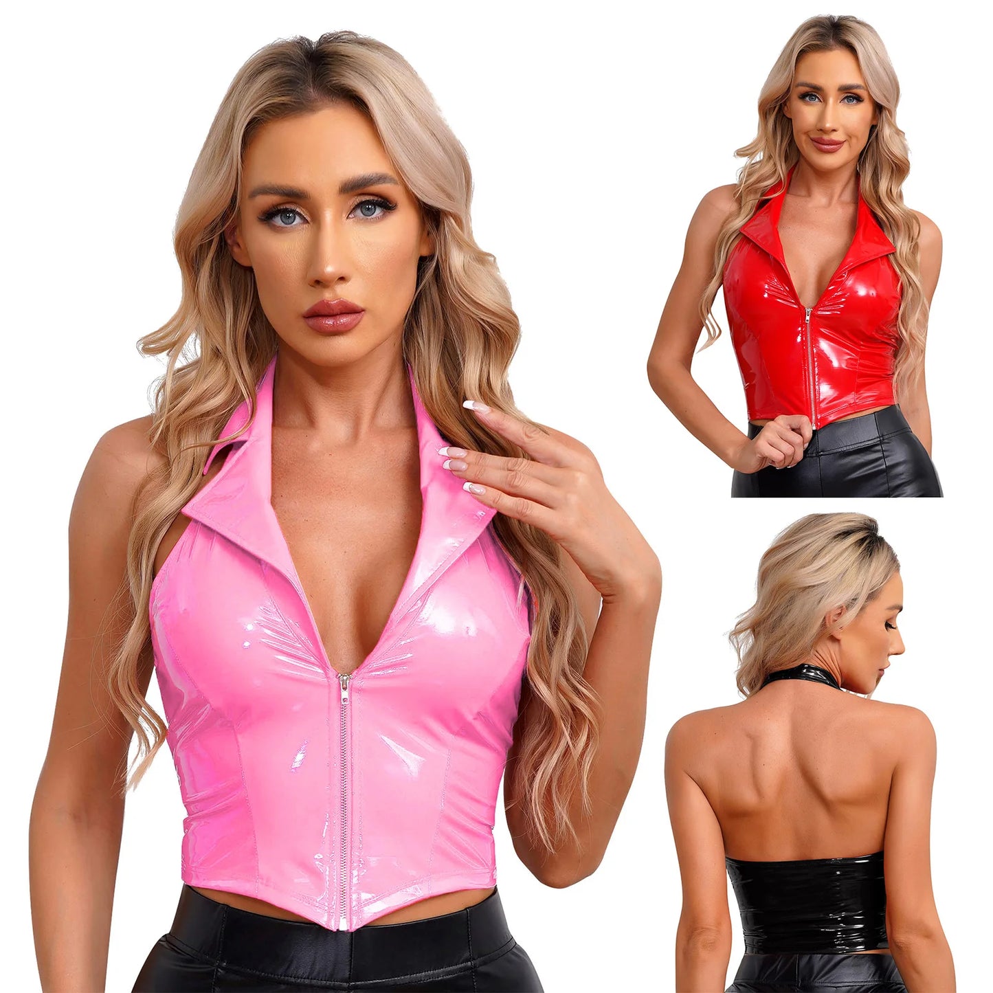 Women Latex Leather Halter Camisole Party Glossy Leather 5