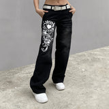 Harajuku printed Cargo Jeans Y2K Dark Blue brown High Waist Streetwear 90S Baggy Jeans Women Pants Straight wide leg jeans 3