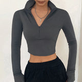 solid color casual T-shirt women long sleeves turtleneck crop tops sexy simple style party club 2024 spring summer new 2