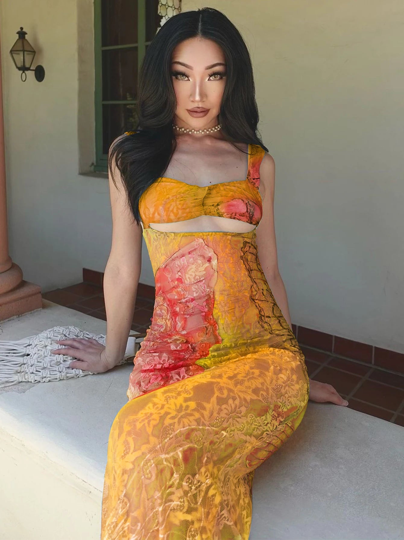 Y2K Lace Print Bandage Dress | Cut-Out Maxi Bodycon for Party & Club