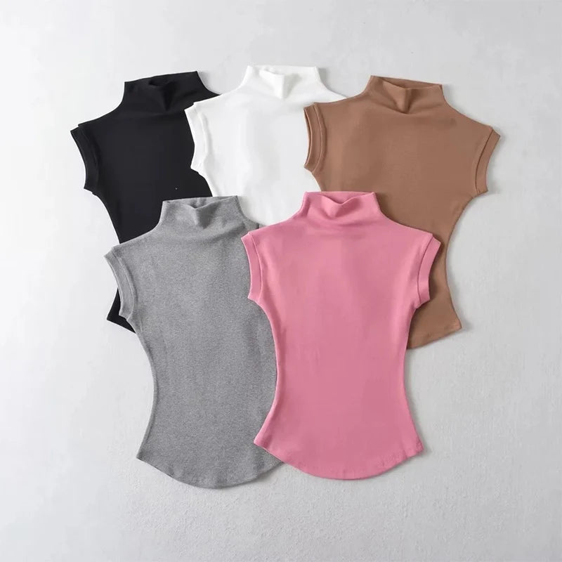 Women Summer Sexy Turtleneck Sleeveless T-Shirts Tops Solid Slim Fit Pullovers Causal Tees Shirts Female Streetwear Basics Tees 6