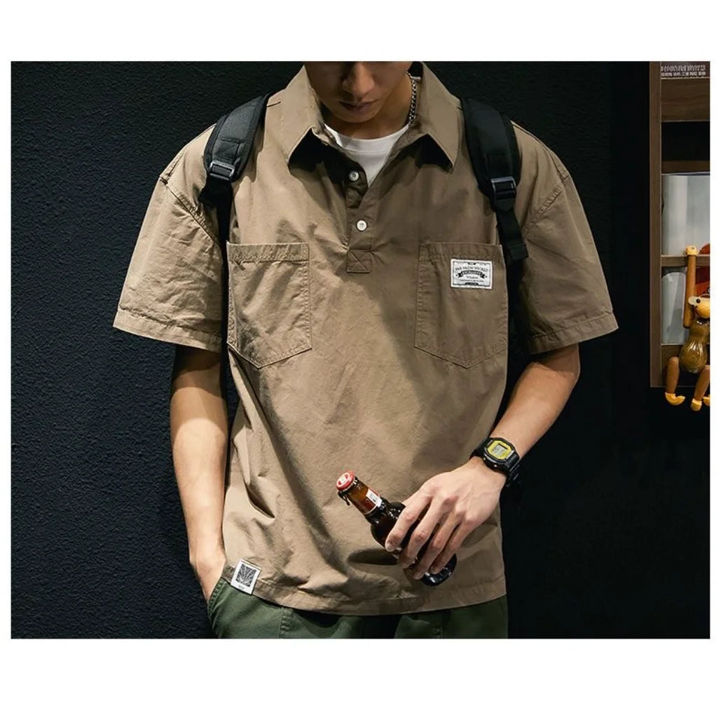 Korea American Casual Men's T-shirt Summer Tooling Style Short Sleeve New Pocket Shirt Collar Men's Clothing Loose Plus Size Top 2