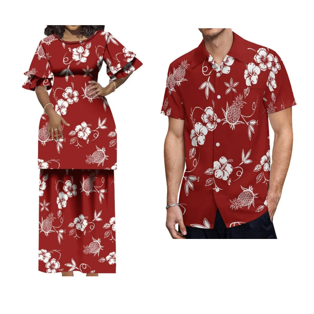 Matching Hawaiian Style Couple's Outfit: Women's Long Puletasi & Men's Summer Shirt