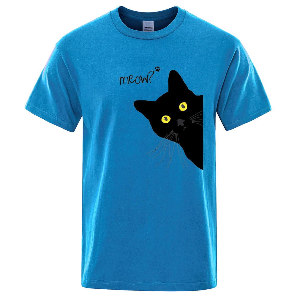 Black Cat Print T-Shirt - Funny Meow Design, Men's Loose Fit Summer Top