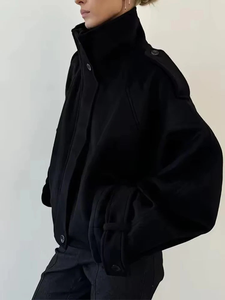 FSMG Vintage Loose Stand Collar woolen coat For Women Casual Solid Full Sleeve warm Cropped Overcoat Fashion High Street Outwear 4