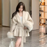 Elegant Ffice Women's Coat Fur Patchwork Long-sleeved Wool Coat Beautiful Women's Clothing Jacket Autumn And Winter 6