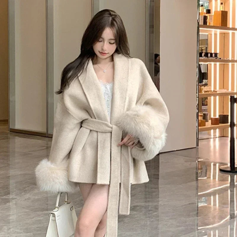 Elegant Ffice Women's Coat Fur Patchwork Long-sleeved Wool Coat Beautiful Women's Clothing Jacket Autumn And Winter 6