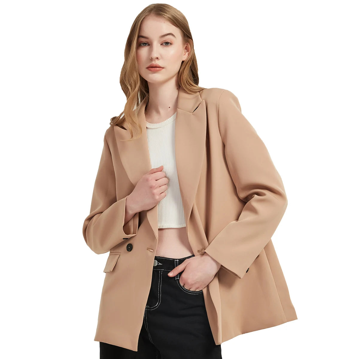 Autumn and spring women's blazer jacket casual solid color double-breasted pocket decorative coat 2