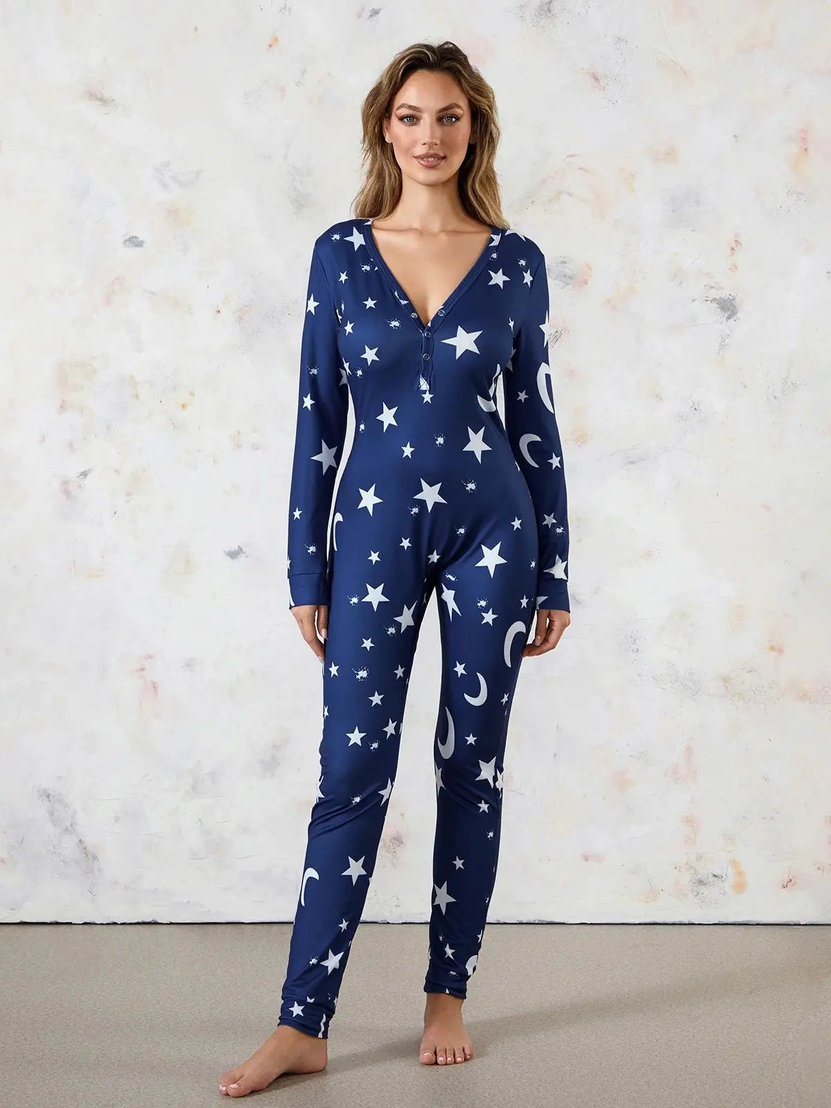 Women Buttoned Flap Jumpsuits Sleepwear Cow Printed Long Sleeve V Neck Bodycon Romper Spring Fall Loungewear 5