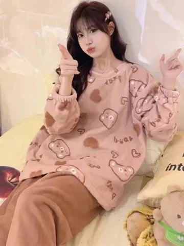 Autumn Winter New Warm Flannel Women's Pajamas Set Long-sleeved Trousers Two-piece Set Cute Soft Home Wear Clothes for Women 6