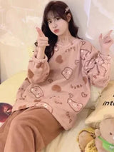 Autumn Winter New Warm Flannel Women's Pajamas Set Long-sleeved Trousers Two-piece Set Cute Soft Home Wear Clothes for Women 6