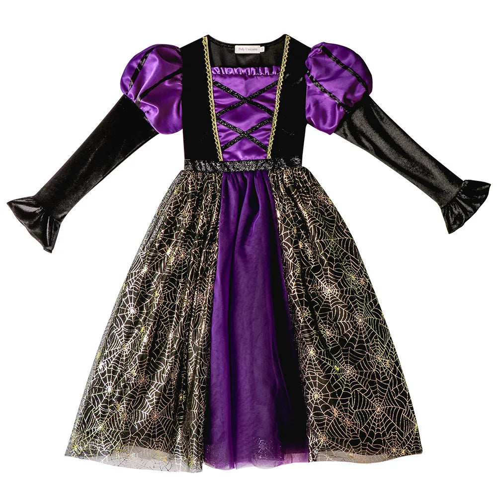 2025 Halloween Easter Festive Party Girl Cosplay Classic Witch Purple Print Long Sleeve Dress Evil Horror Set Baby Birthday Gift 4