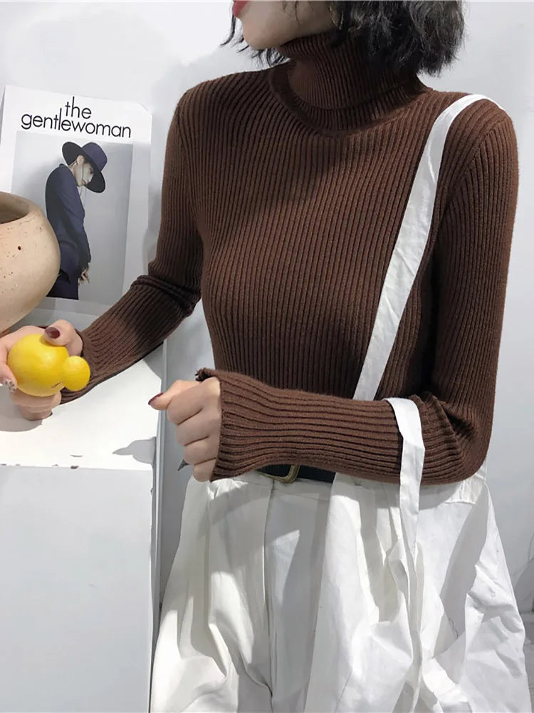 2024 Autumn Winter Thick Sweater Women Knitted Ribbed Pullover Sweater Long Sleeve Turtleneck Slim Jumper Soft Warm Pull Femme 13