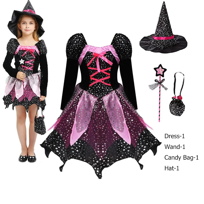 4 Pieces Witch Clothing Set Dress+Hat+Wand+Bag Girls Halloween Wizard Costume 2024 Kid Make up Party Hag Witch Apparel Vestidos 2