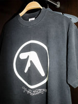 Men T-Shirt Aphex Twin Washed Black Print Cotton Graphic Oversized Korean Fashion Short Sleeve Tops Tees Y2k Streetwear Clothing 2