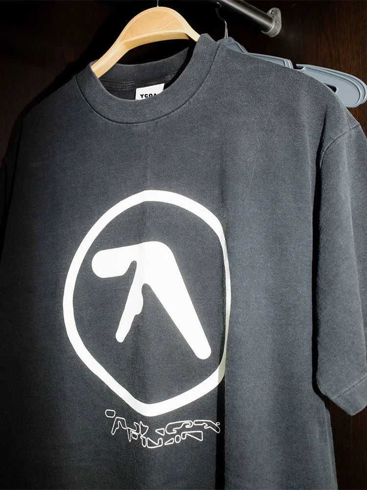 Men T-Shirt Aphex Twin Washed Black Print Cotton Graphic Oversized Korean Fashion Short Sleeve Tops Tees Y2k Streetwear Clothing 2
