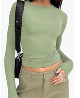 Women's Long Sleeved T-Shirt Spring And Autumn Solid Color Slim Fit Pullover Women's Basic T-Shirt Y2k Clothes Street Wear 3