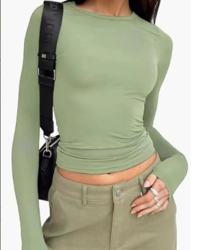 Women's Long Sleeved T-Shirt Spring And Autumn Solid Color Slim Fit Pullover Women's Basic T-Shirt Y2k Clothes Street Wear 3