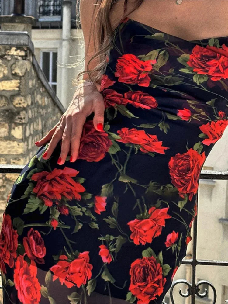 Flowers Print Spaghetti Strap Dresses Women Temperament Package Hip Bodycon Long Dress Fashion Sexy Backless Lady Slim Vestidos 4