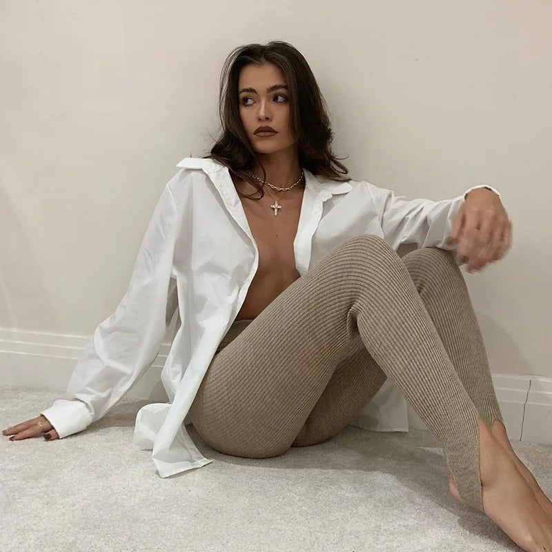 Tossy Beige Ribbed Knit Leggings Women High Waist Cotton Fitness Basic Pants Casual Spring New All-Match Female Skinny Leggings 2