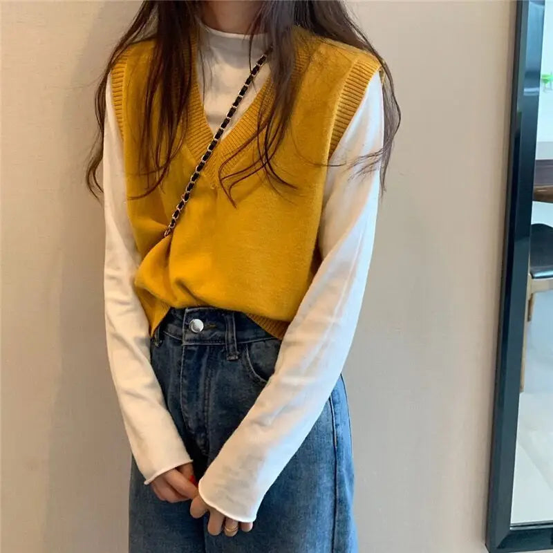 Sweater Vest Women Solid Autumn Winter All-match Leisure Outerwear Knitted V-Neck Sleeveless Female Elegant Chic Simple Harajuku 8
