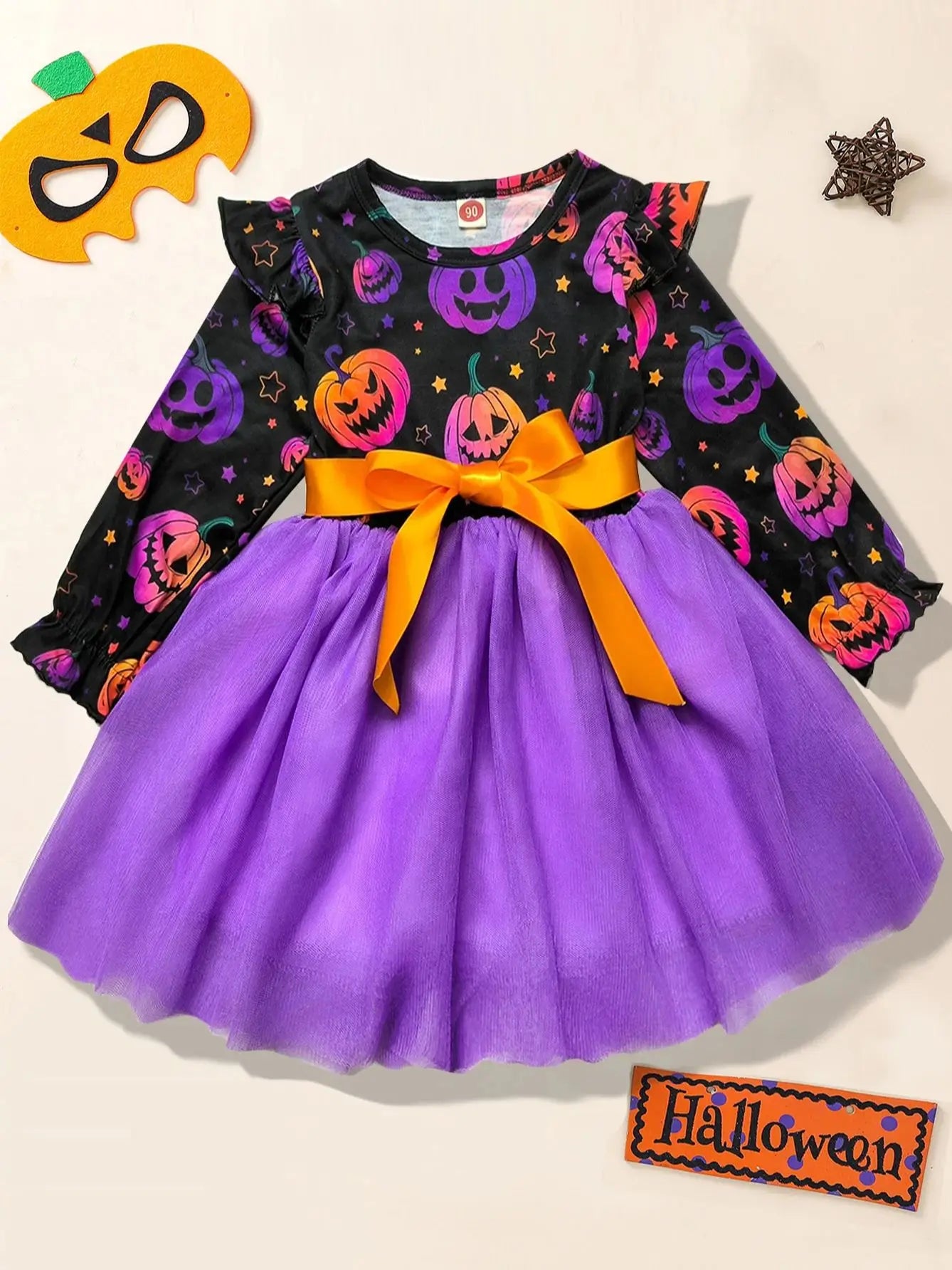 Girls' Pumpkin & Ghost Mesh Halloween Dress