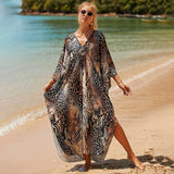 Loose Floral Pleated Kaftan Dresses for Women Wave Neck Swimsuit Cover Up Caftan