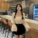 Back Puff Sleeve Shirts Women Autumn French Bow Bandage Blouses 2025 New Black Pink Square Neck Cropped Tops Female 4