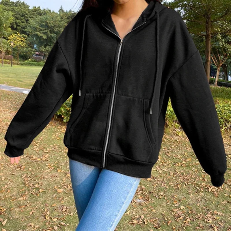 Autumn Fleece Hoodie Solid Color Hooded Korean Fashion Sweatshirts Long Sleeve Top Drawstring Pockets Loose Zipper Black Hoodies 6