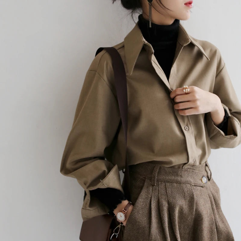 QOERLIN Coffee Blouse Women Spring Autumn Casual Solid Color Long Sleeve Shirt Women Korean Loose Shirt OL Style Workwear S-XL 8