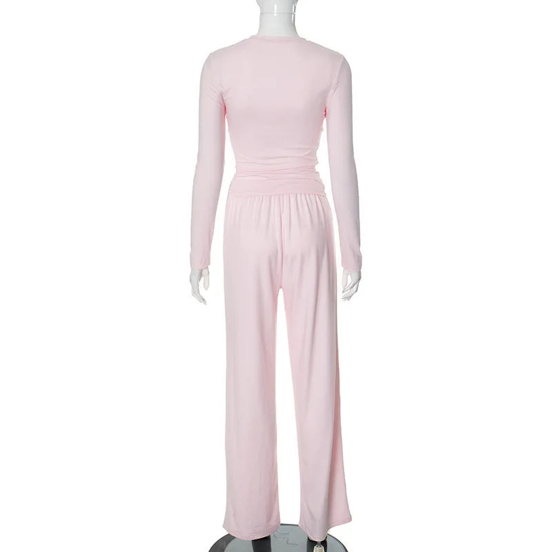 Apprabant Solid Pleated Casual Basic Trousers Set Round Neck Long Sleeve Top Fashion Sports Style High Waist Wide Leg Pants Suit 6