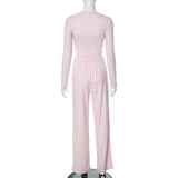 Apprabant Solid Pleated Casual Basic Trousers Set Round Neck Long Sleeve Top Fashion Sports Style High Waist Wide Leg Pants Suit 6