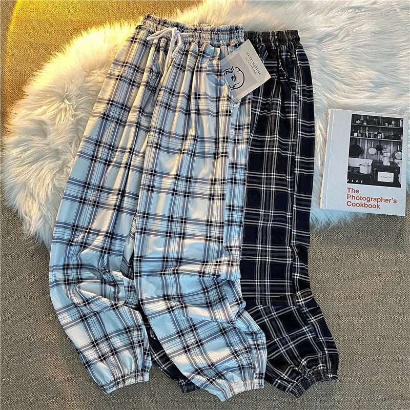 Pants Women New Bunch of feet Fashion Loose Black Plaid Summer Harajuku Students Streetwear Harem Long Trousers Womens Chic 3