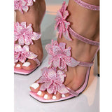 New Design Crystal Flower Ankle Strap Sandals for Women - Sexy Thin High Heels Party Shoes 4