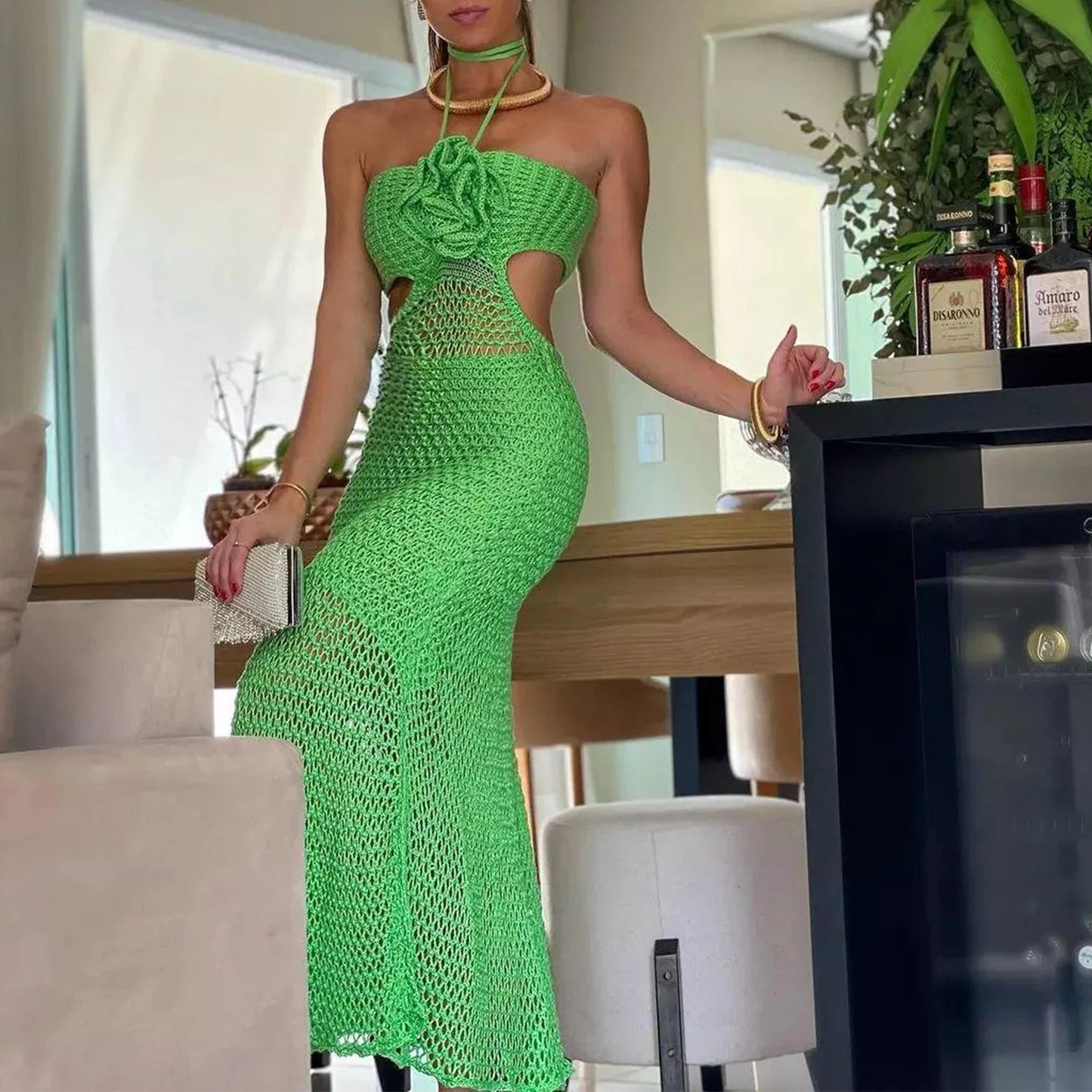 Women's Knitted Halter Dress Slim Fit Hollowed Cutout Sleeveless See Through 3D Flower Solid Color Long Dress for Party Club 4