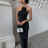 Elegant Sleeveless Slim Black Dress Aesthetic Oblique Strap Backless Prom Dresses 2