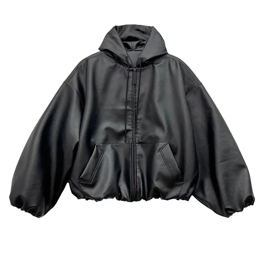 Men’s Oversized Hooded PU Leather Jacket