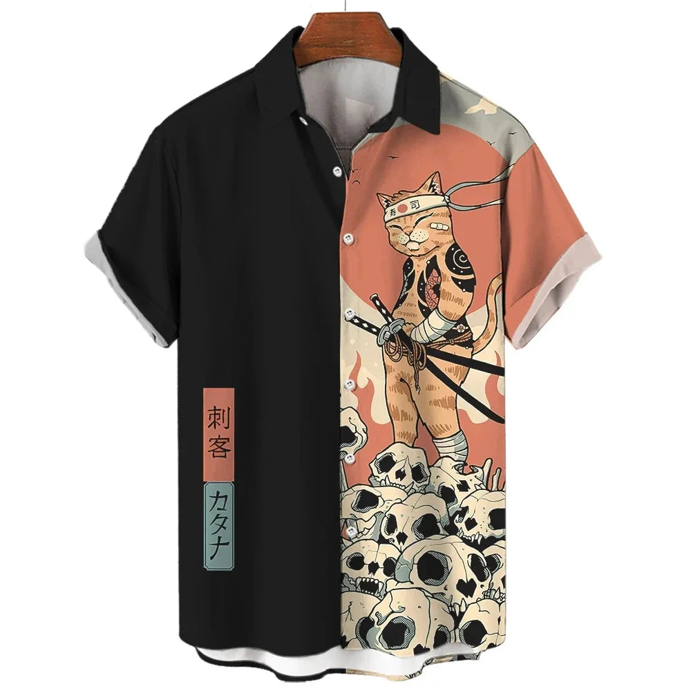 Cool Samurai Cat Tops Summer New Men's Clothing Casual Short-Sleeved Anime Loose Blouse Hawaiian Shirts 4