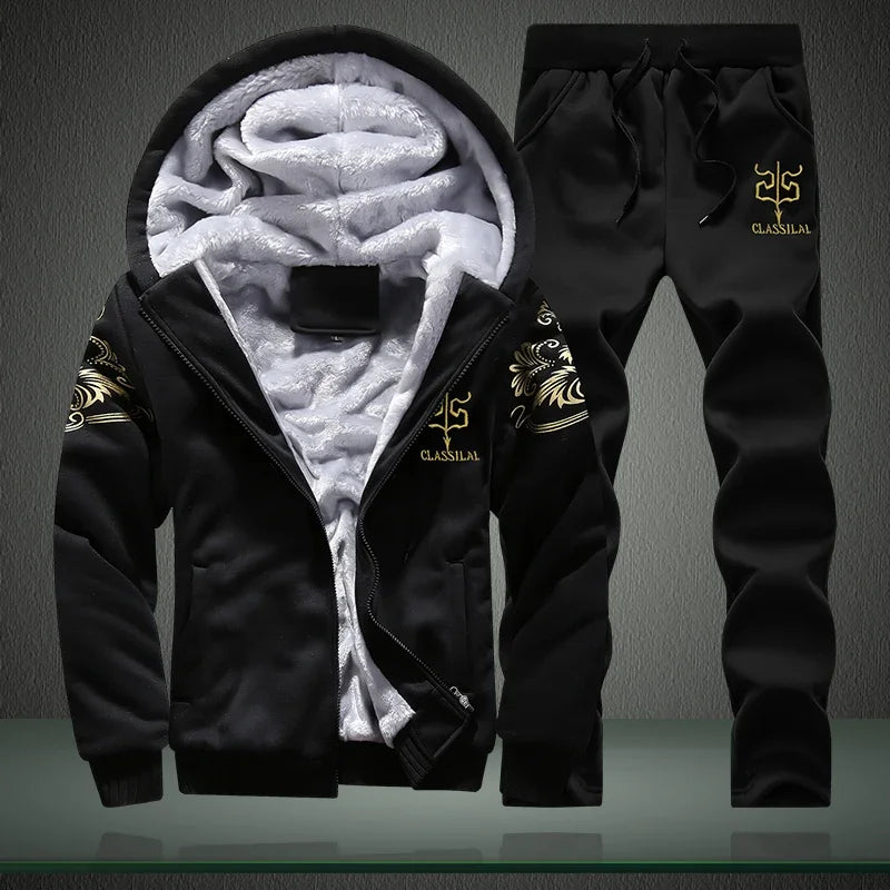 Men's autumn and winter sports set hooded casual cardigan jacket outdoor thickened warm sports shirt+pants two-piece set 2