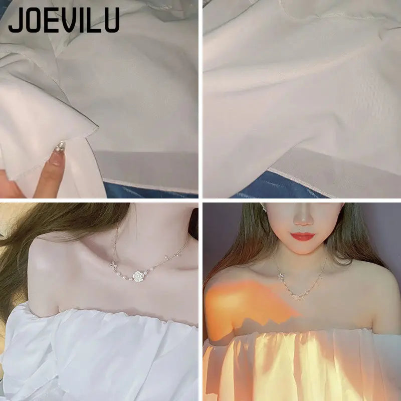 JOEVILU Chiffon Shirt Off Shoulder Ruffle White Blouse Spring and Summer Women's Casual Tops Ladies Korean Style Blusas Crop Top 6