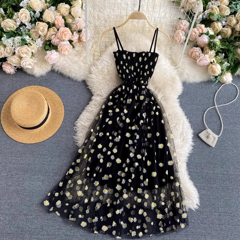 Fashion Floral Print Spaghetti Straps Mesh Party Dress Vacation Style Lady 2
