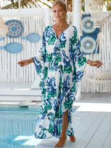 Loose Floral Pleated Kaftan Dresses for Women Wave Neck Swimsuit Cover Up Caftan