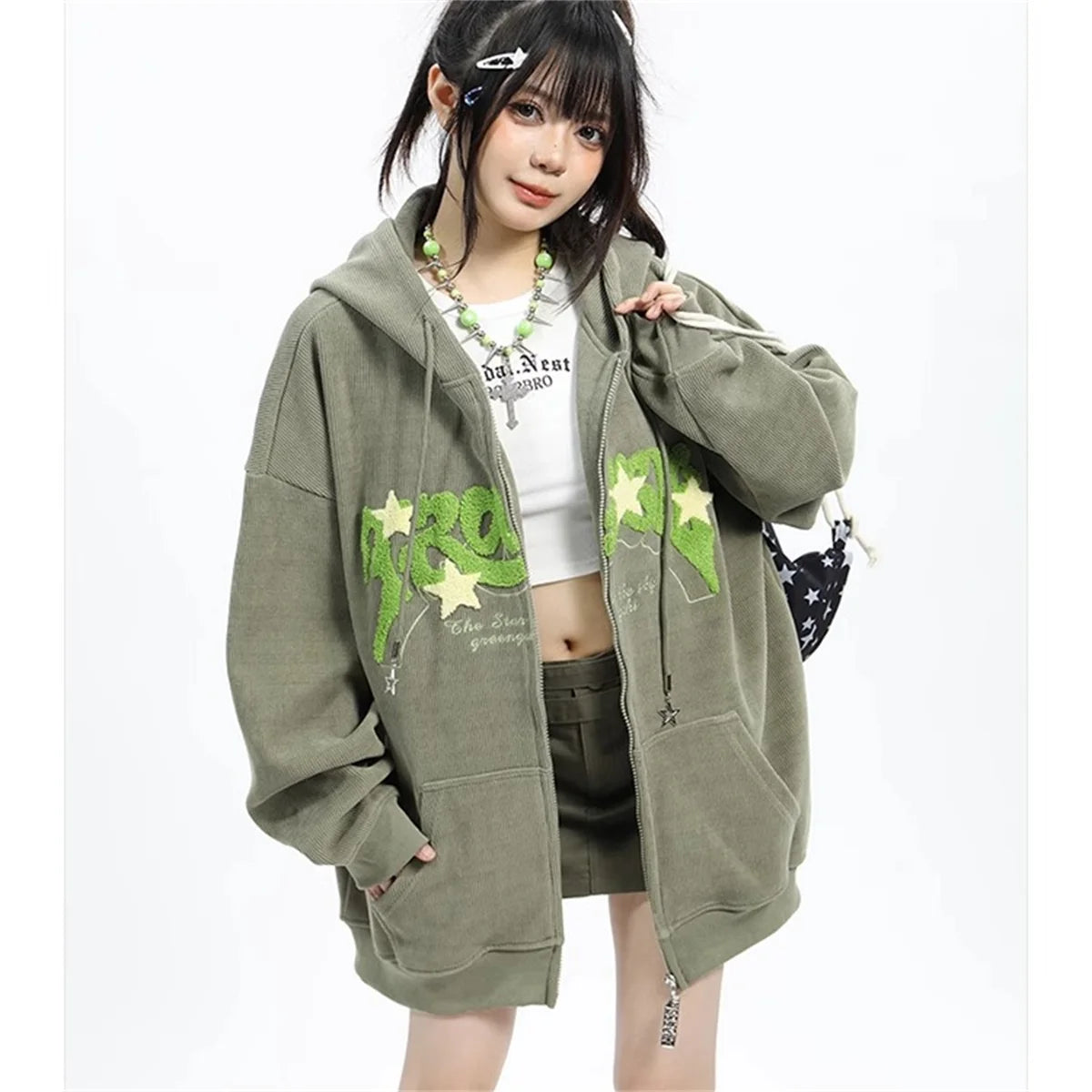Vintage Embroidery Zip-Up Hoodie | Y2K Harajuku Oversized Sweatshirt