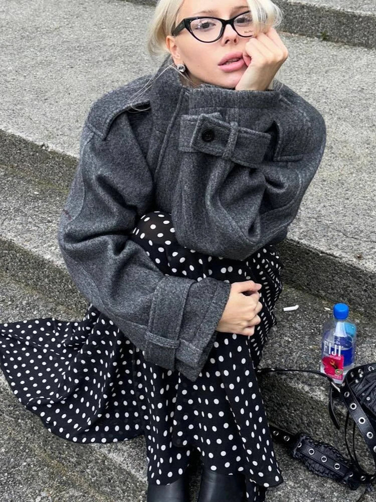 FSMG Vintage Loose Stand Collar woolen coat For Women Casual Solid Full Sleeve warm Cropped Overcoat Fashion High Street Outwear 3