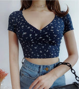 Y2K-Vintage-Floral-Cross-Crop-Top-T-shirt-Women-Cropped-Slim-Short-Sleeve-V-neck-Sexy