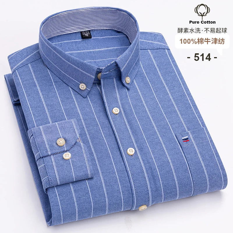 100-Cotton-Oxford-Men-s-Shirts-Long-Sleeves-Plaid-Soft-Regular-Fit-Formal-Dress-Shirt-Pocket