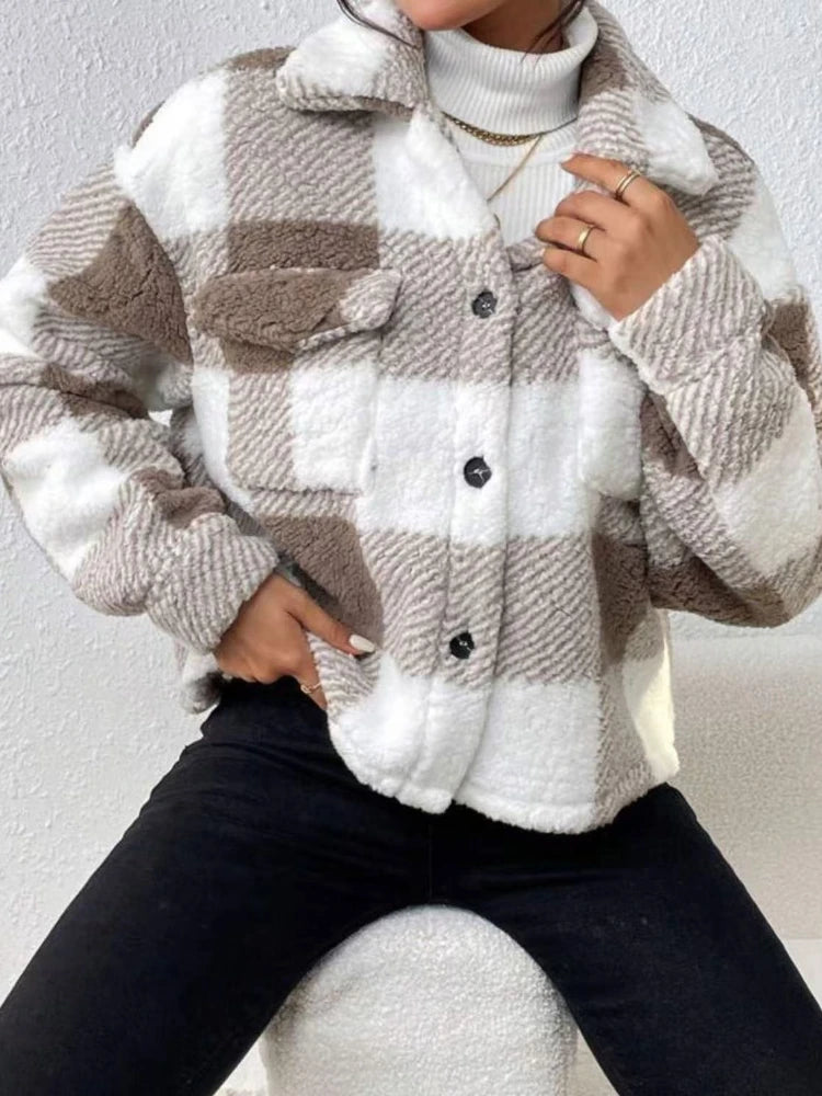 Autumn/winter Elegant Winter Coat Female Women's Urban New in Coat Plaid Pattern Lapel Button Fleece Women's Winter Coats 6