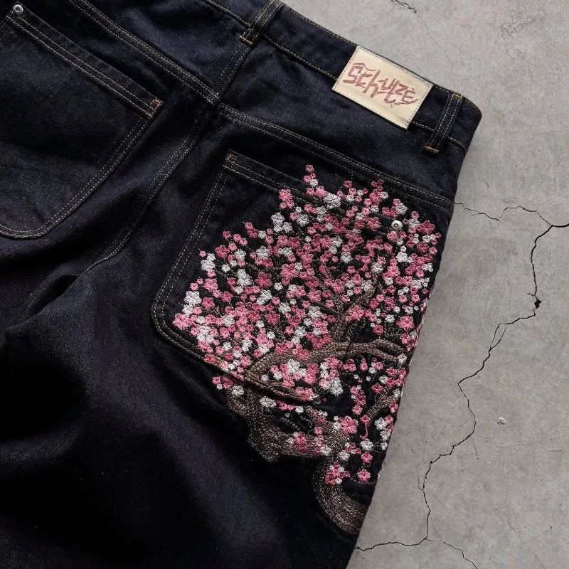 Y2K Harajuku jeans Goth vintage plum blossom embroidery pattern wide leg pants men women denim fabric American style street wear 3